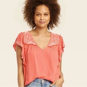 Women's Flutter Short Sleeve Embroidered Top - Knox Rose Guava Jelly Size L
